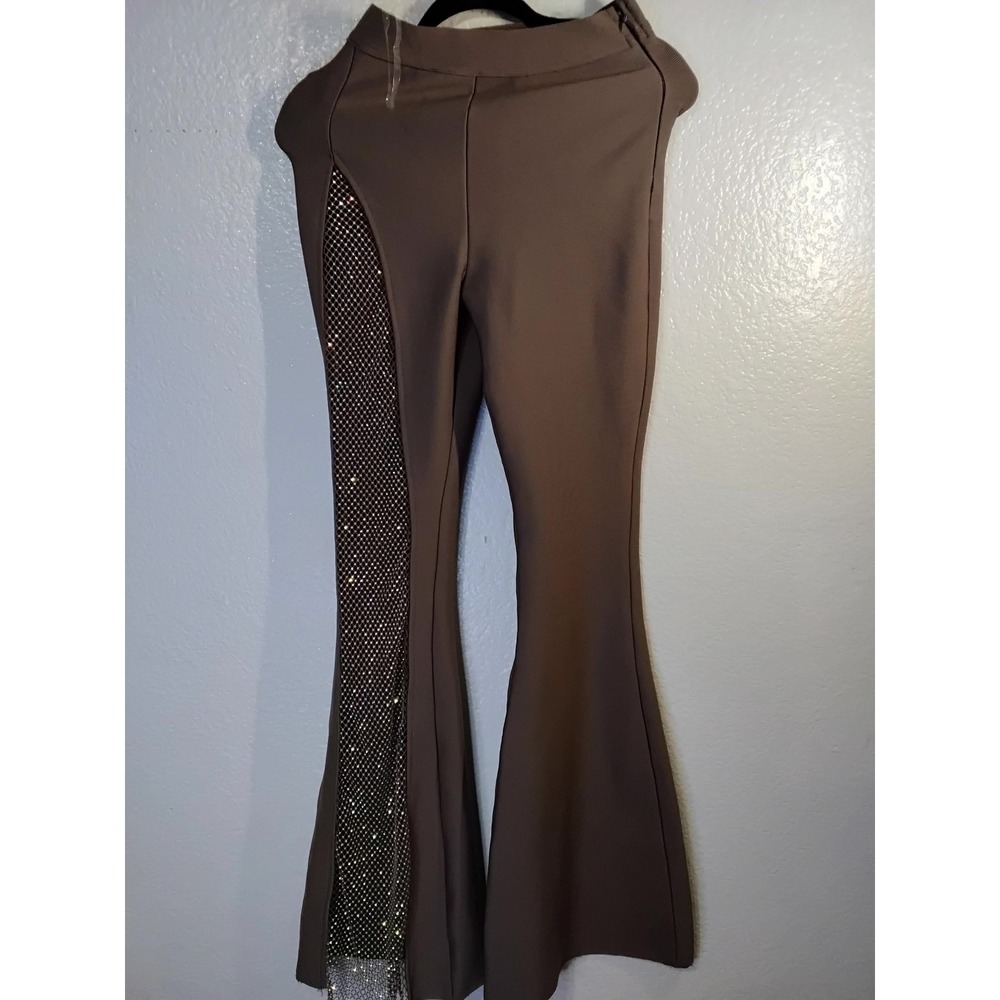 RIVIR Brown Bandage Flare Pants Rhinestone Mesh Side Panel Bell Bottom Mocha(64) - Picture 7 of 7